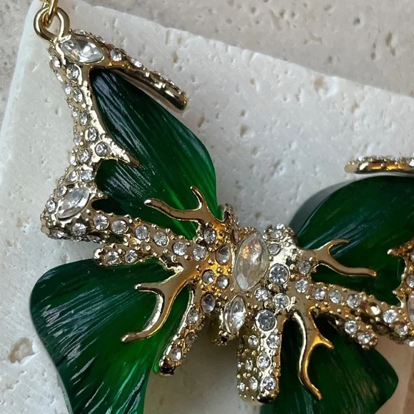 Alexis Bittar Green Lucite Butterfly Necklace Crystal Gold Statement Pendant - Picture 3 of 5